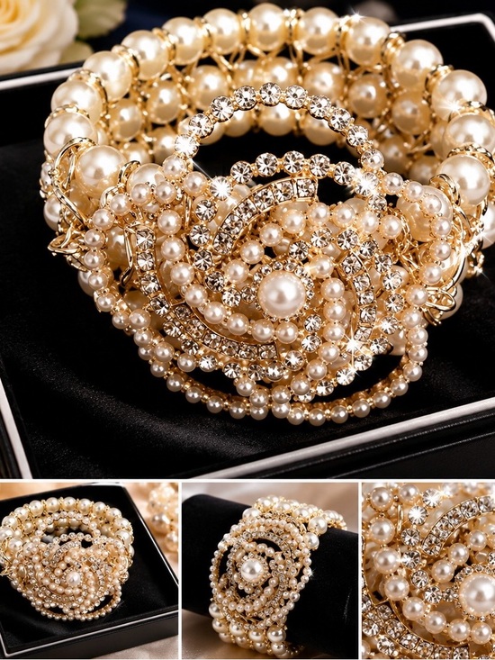 luxury boutique Jewelry - Gold Pearl & Crystal Floral Statement Bracelet - Women's Fashion Bracelet